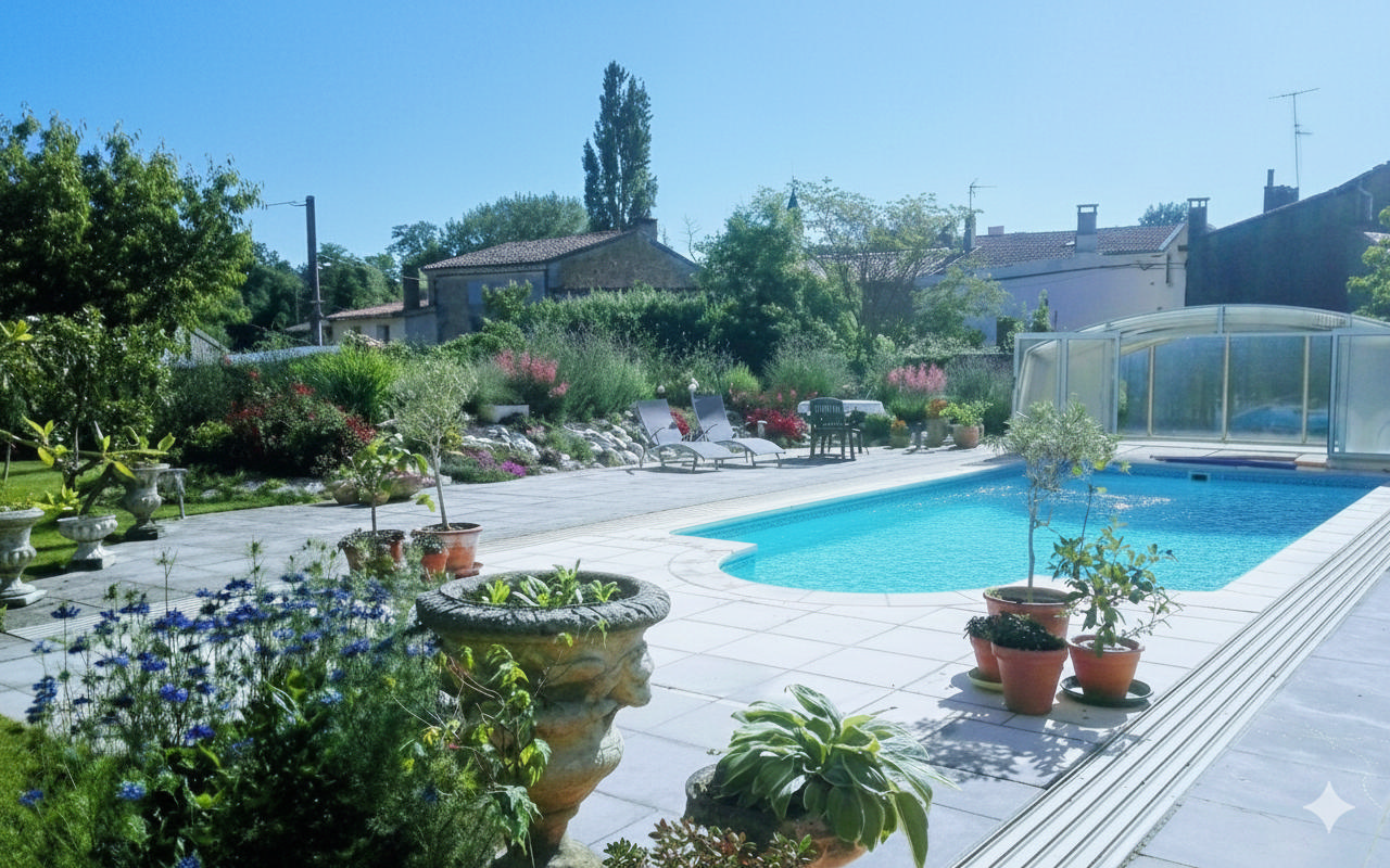 Charming Village Home with Large Gardens, Covered Pool, and Outbuildings